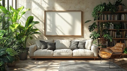 Poster - Interior poster mock-up of a living room featuring a colorful white sofa. 3D rendering