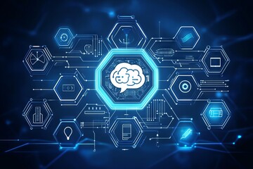 Poster - a blue screen with a brain and many other icons