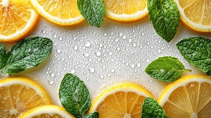 Wall Mural - Group of fresh oranges with green leaves and water droplets on a textured surface showcasing natural fruits in vibrant colors and healthy food options