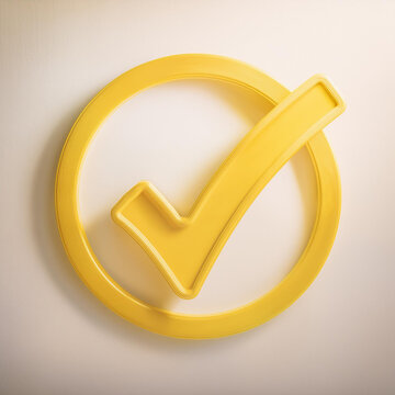 Yellow check mark icon. Symbol of approval. 3D rendering, modern illustration. Light backdrop.