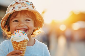 Poster - A close-up of a child hand holding an ice cream cone with colorful sprinkles, their happy face slightly blurred in the background