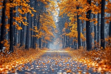 Sticker - A serene autumn scene with dry red leaves scattered on the ground, a path winding through the forest, and trees ablaze with yellow foliage