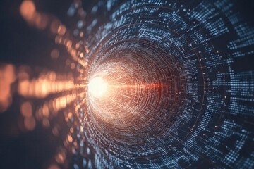 Poster - A computer generated image of a tunnel with a bright light at the end
