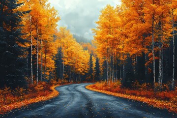 Sticker - A charming autumn setting with dry red leaves on the ground, a road passing through the forest, and trees covered in golden leaves