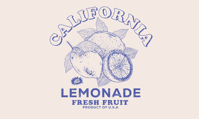 Summer food poster design. Lemon fruit artwork. Fresh lemon fruit print. California lemonade art. Organic food artwork for for t-shirt. Fruit vintage t-shirt design. Squeezed art.