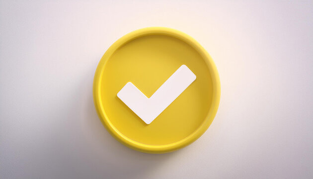 Yellow check mark icon. Symbol of approval. 3D rendering, modern illustration. Light backdrop.