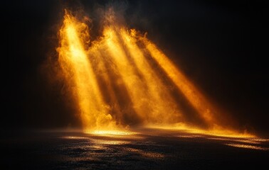 Poster - A blurred depiction of a bright sun emitting sunbeams and sunrays, set against a warm yellow-orange light. The sun rays and golden beams stand out with a black backdrop, and star dust is scattered