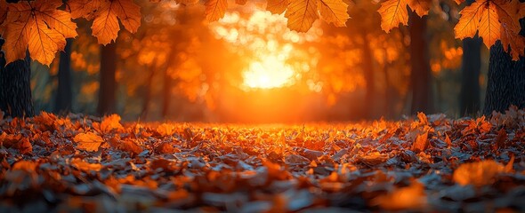 Sticker - Enchanting park garden in autumn. Panorama of the fall scenery in the park at sunrise in Slovakia