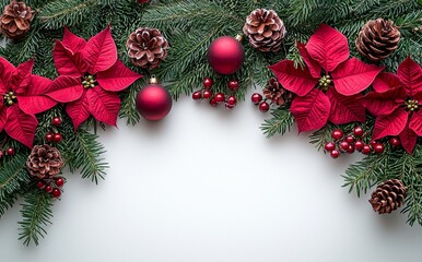 Wall Mural - A Christmas decoration featuring a frame of red poinsettia flowers, a Christmas tree branch, a ball, and red berries on a white background, with room for text. Shot from a top view, flat lay