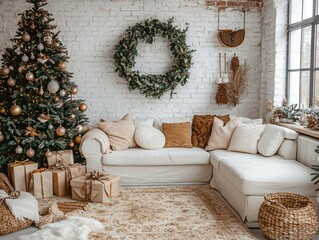 Wall Mural - Graceful living room interior featuring a beautifully decorated Christmas tree