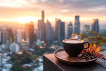 Aufkleber - A cup of coffee on a balcony overlooking a quiet cityscape at dawn, with soft morning light and minimal movement