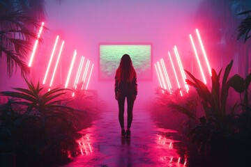 Aufkleber - A cyberpunk-themed scene of a person standing under neon signs in a rain-drenched city, gazing at a holographic projection of a lush green field, symbolizing hope in a futuristic world