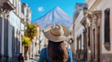 Wall Mural - A woman in a straw hat admires a mountain view from a vibrant street, embodying a sense of adventure and exploration in a sunny destination