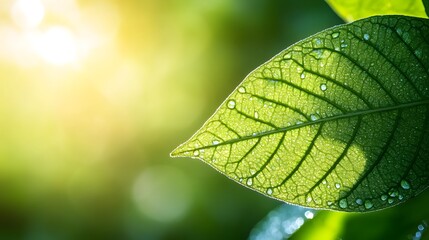 Poster - Close-up of a vibrant green leaf glistening with water droplets under soft sunlight, showcasing intricate vein patterns and natural beauty in a serene environment.