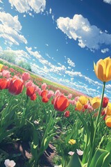 Wall Mural - Tulip field with blue sky