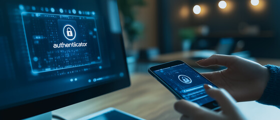 Poster - Cybersecurity Authentication: A close-up shot of a person using a smartphone for two-factor authentication.