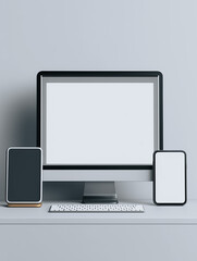 Poster - Modern Workspace Mockup: Sleek desktop computer with blank screen accompanied by tablet and smartphone, all set against a minimalist grey background.