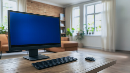 Poster - home office setup: modern desktop computer with blue screen sits on wooden desk in bright living roo