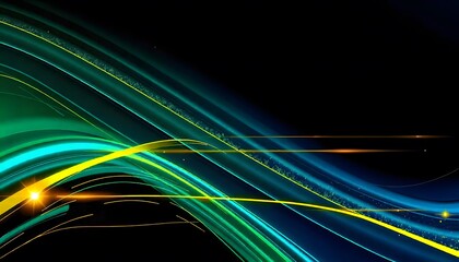 Wall Mural - Abstract flowing lines in shades of blue, green and yellow against a black backdrop