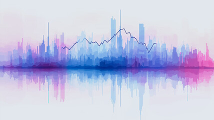 Poster - Urban Growth Chart:  A stylized cityscape rendered in a vibrant watercolor style, featuring a rising stock market line graph symbolizing urban development and economic prosperity. 
