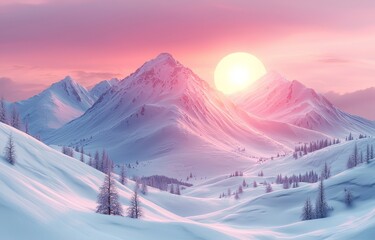Poster - 3D render.Geometrically structured winter vista, incorporating an arch and a podium lit by natural light, set against a surreal backdrop