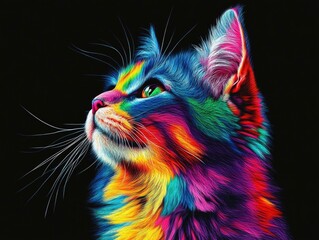  Multicolored cat on black background