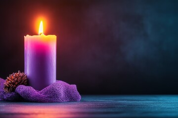 Aufkleber - A flat design of a single lit candle in a dark room, its flame creating soft light and shadows on a plain white canvas