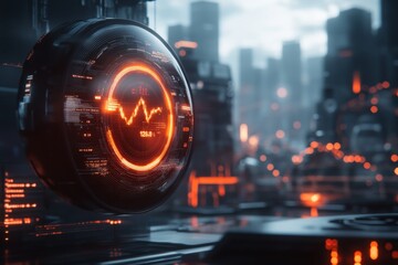 Poster - A futuristic financial city with glowing holographic charts and digital currencies floating above a bustling metropolis at night