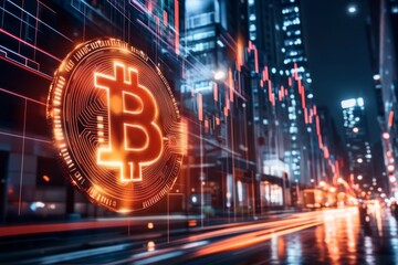 Poster - A futuristic financial city with glowing holographic charts and digital currencies floating above a bustling metropolis at night