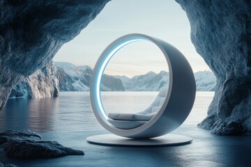 Poster - A futuristic meditation pod glowing softly with ambient blue light, floating in a quiet space with holographic visuals of serene nature surrounding it