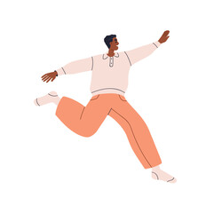 Poster - Excited young man jumping. Happy smiling carefree male character in active pose, flying movement in air, joy and fun, positive free energy. Flat vector illustration isolated on white background