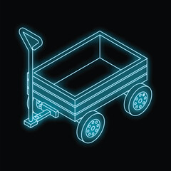 Poster - Hand trailer cart in neon style with wheels standing on black background