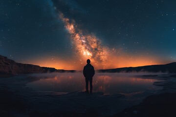 Wall Mural - the milky way glimmers against a night sky above spruce knob lake, west virginia, as red and yellow 