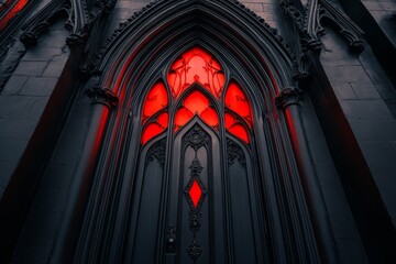 Poster - A gothic-style vault door glowing with a sinister red light and surrounded by ornate black metal designs