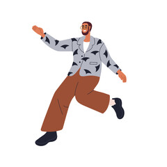 Poster - Excited happy man in energetic dynamic pose. Smiling joyful male character jumping with joy emotion. Positive energy, active funny movement. Flat vector illustration isolated on white background