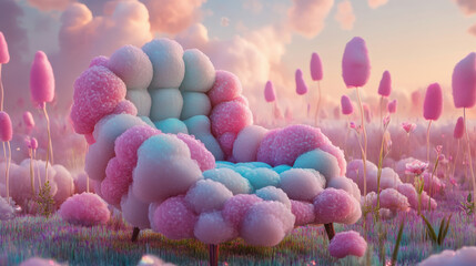 Wall Mural - A whimsical armchair made entirely of soft pastel clouds and floating in a surreal dreamscape with candy-colored skies and giant, glowing flowers in the background. Gentle iridescent light shimmers ac