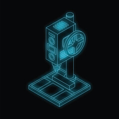 Poster - Glowing blue isometric projection of a drill press working a piece of metal, on a dark background