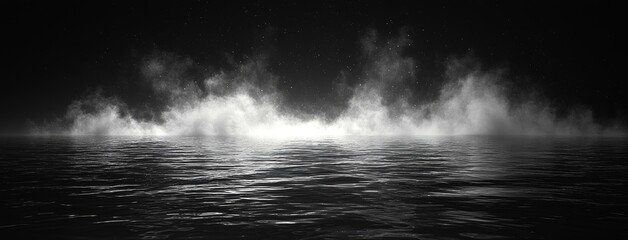 Poster - A panoramic depiction of mystic smoke on the ground. Paranormal fog highlighted on a black background