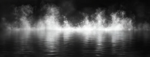 Poster - Mystic smoke covers the floor in a panoramic shot. Paranormal fog is centered on a black backdrop