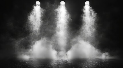 Poster - Through the veiling dark fog, divine light casts its beams on the floor. A spotlight focuses on the lone figure in the background. Stock illustration