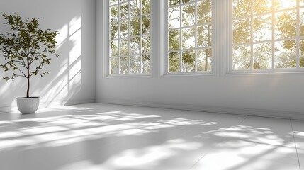 Poster - Blurred foliage shadows enhance a minimalistic light background on a white wall