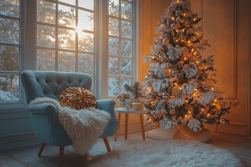 Wall Mural - Christmas tree and presents decorate classic apartments. Christmas evening is illuminated by candles and garlands. Living room includes a fireplace and stucco