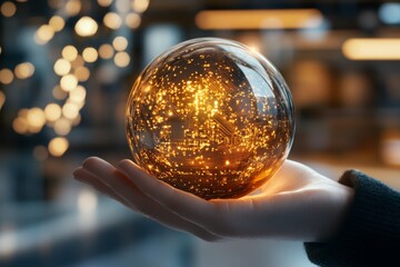 Poster - A hyper-realistic close-up of a glowing bitcoin in a person hand, with the background showing a blurred financial trading floor