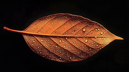 Aufkleber - Close-Up of a Wet Brown Leaf with Water Droplets on a Dark Background, Showcasing the Intricate Veins and Texture of Nature's Beauty
