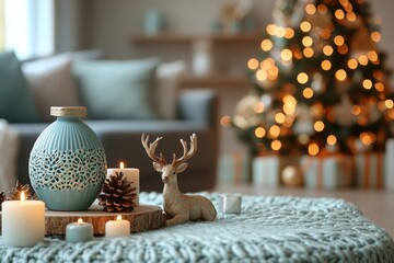 Wall Mural - A festive scene featuring a decorated Christmas tree and reindeer, set on a white table within a living room, with ample space for text