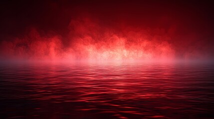 Poster - Paranormal fog appears isolated on a black background, accompanied by a red spotlight reflecting in the water