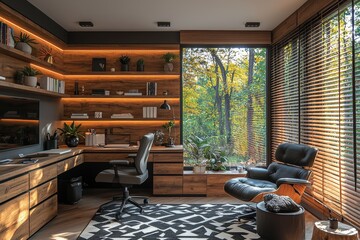 Poster - A cozy home office setup with a computer situated near a wooden wall within a modern room interior