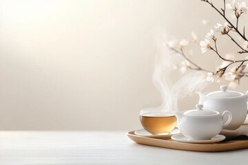 Aufkleber - A minimalist 2D drawing of a tea set with steam gently rising, placed on a simple table with soft beige tones on a white background