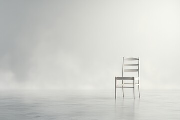 Aufkleber - A minimalist depiction of a single chair in the middle of an empty room, drawn with clean lines and muted gray tones to evoke solitude