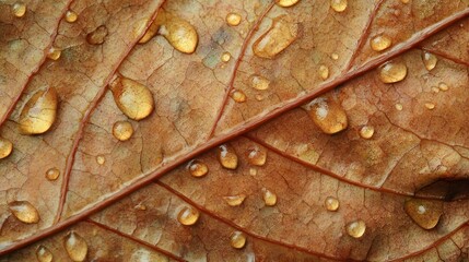 Poster - Close-up of Autumn Leaves with Raindrops Capturing the Beauty of Fall in Nature, Showcasing the Texture and Colors of Leaf Surfaces Amidst Water Droplets